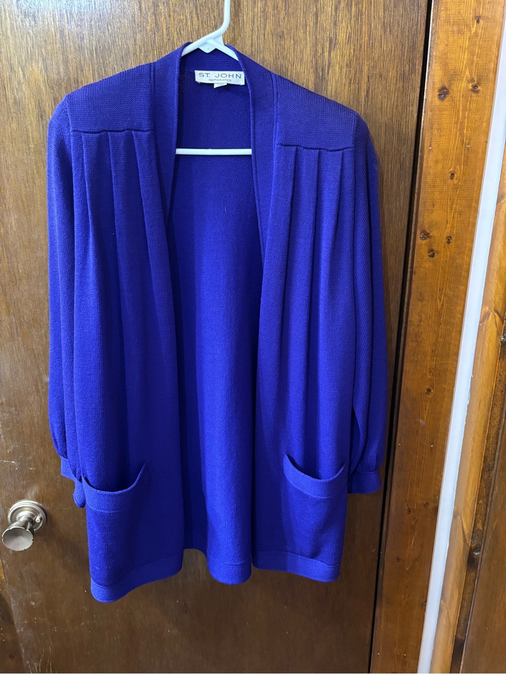St John purple open front sweater with pockets size large